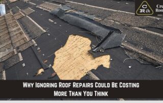 Roof repair showing damaged shingles and exposed wood on a residential roof.