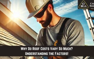 Roofers inspecting a roof during sunset with sunlight shining behind.