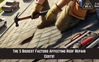 Roofers installing or repairing a residential roof with tools and safety gear.