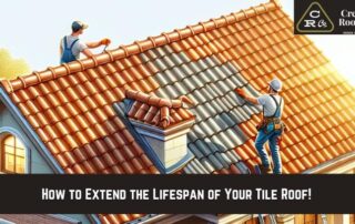 Roofers working on a colorful tile roof installation on a house.