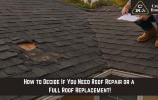 Roofers inspecting damaged shingles on a residential roof for repair or replacement.