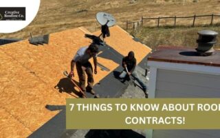 Roofers working on a residential roof installation with shingles and tools.