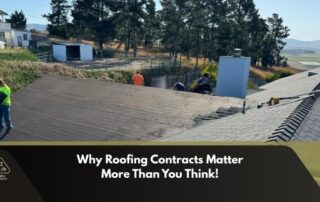 Roofers inspecting a large, sloped roof during a construction project.