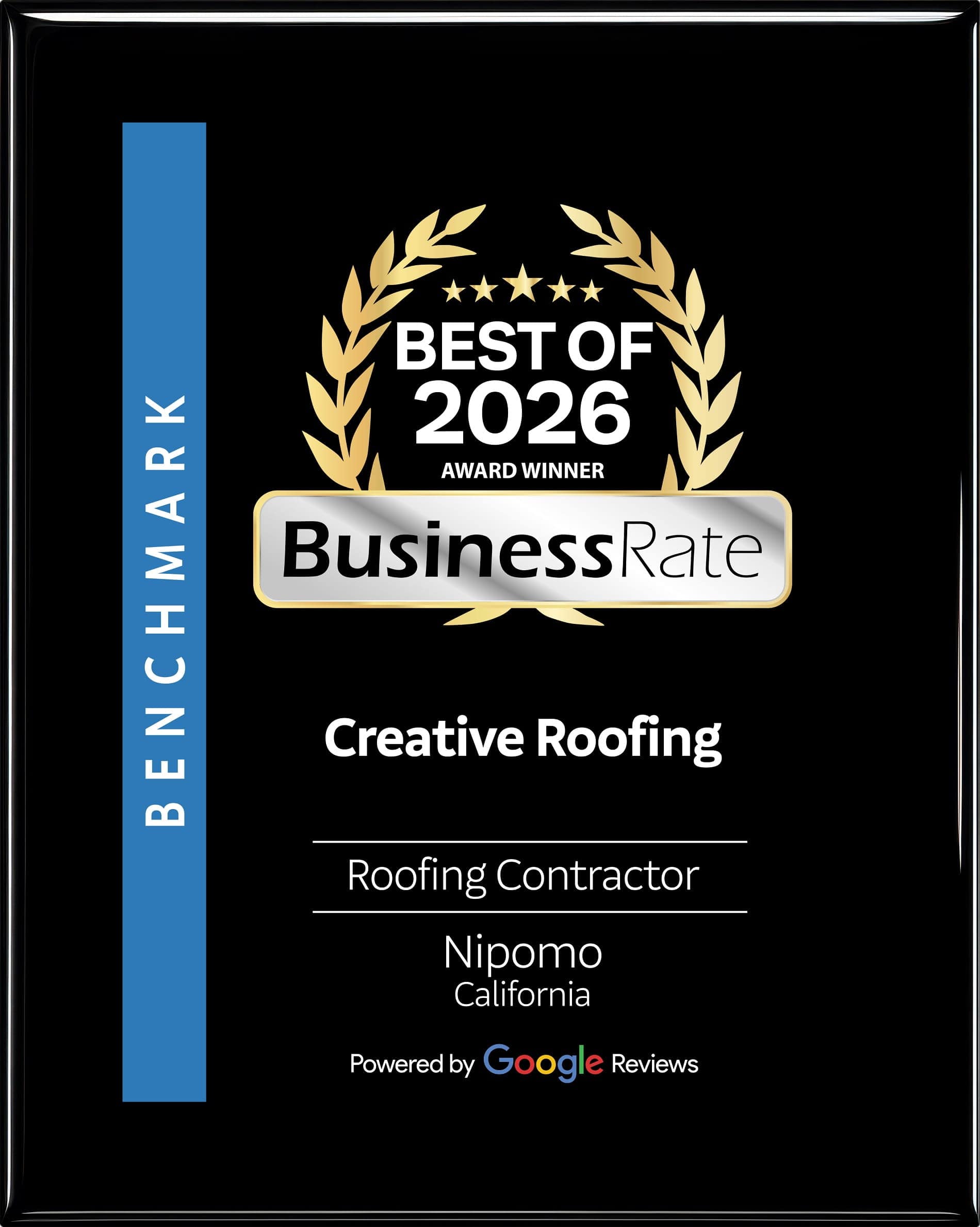 Creative Roofs awarded Best of 2026 by BusinessRate for roofing excellence in California.